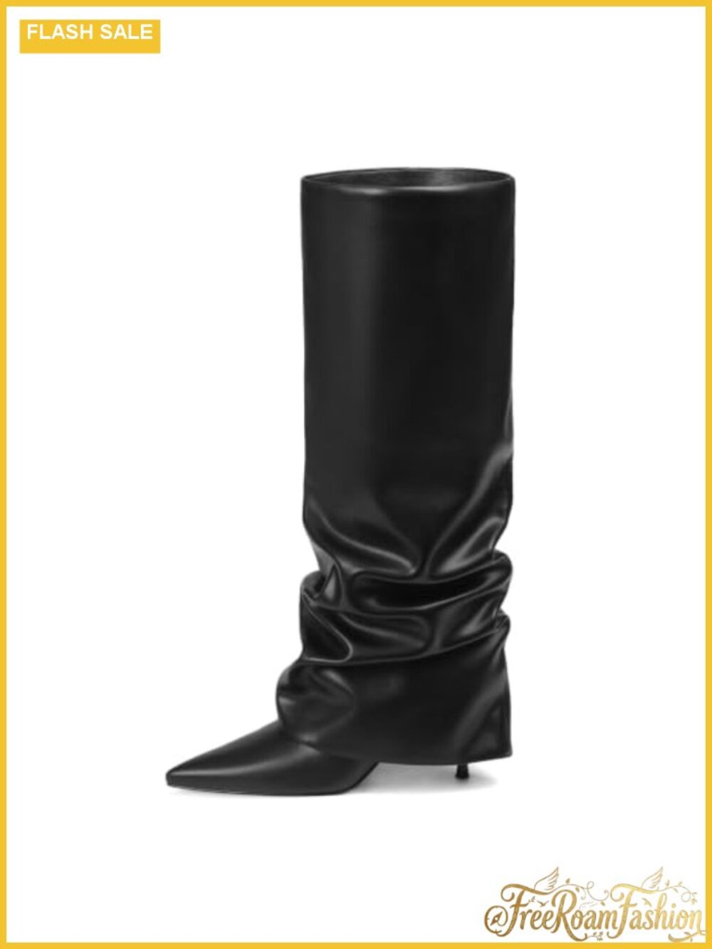 Wide Calf Knee High Boots Faux Leather Pointed Toe Slouch Fold Over Tall Boot